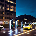 **Image:** A futuristic Warsaw street scene at night. Autonomous electric taxis are charging at illuminated charging stations powered by solar panels. The charging stations are sleek and modern, integrated into the urban landscape. In the background, energy-efficient buildings glow with soft, ambient light.