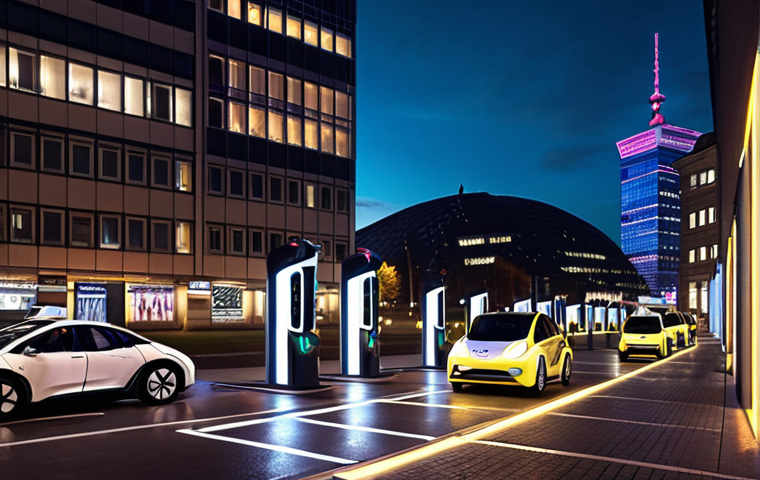 **Image:** A futuristic Warsaw street scene at night. Autonomous electric taxis are charging at illuminated charging stations powered by solar panels. The charging stations are sleek and modern, integrated into the urban landscape. In the background, energy-efficient buildings glow with soft, ambient light.