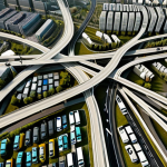 **

Autonomous taxi fleet in Warsaw, Poland. The taxis are using intelligent route planning to avoid traffic jams, potentially showing a side street route with less congestion compared to a major highway. GPS overlay in the style of a futuristic interface to show real-time data analysis.

**