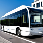 A futuristic, sleek white autonomous public transport vehicle, resembling a modern shuttle, driving smoothly on a clean, well-maintained street in a Polish smart city. Tall, contemporary buildings with integrated green spaces and visible 5G antenna arrays line the street. The sky is clear, suggesting a clean environment. Pedestrians in professional and modest attire walk on sidewalks, observing the vehicle. The scene conveys efficiency and technological advancement. Professional photography, high detail, perfect anatomy, correct proportions, natural pose, well-formed hands, proper finger count, natural body proportions, safe for work, appropriate content, fully clothed, professional, family-friendly.