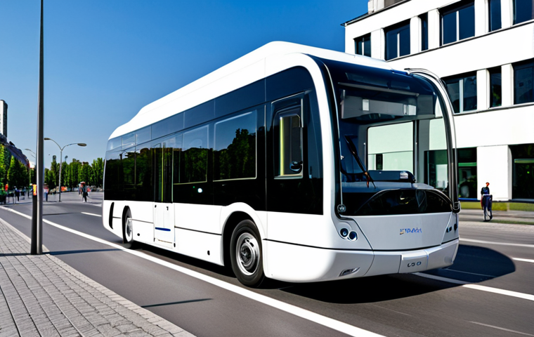 A futuristic, sleek white autonomous public transport vehicle, resembling a modern shuttle, driving smoothly on a clean, well-maintained street in a Polish smart city. Tall, contemporary buildings with integrated green spaces and visible 5G antenna arrays line the street. The sky is clear, suggesting a clean environment. Pedestrians in professional and modest attire walk on sidewalks, observing the vehicle. The scene conveys efficiency and technological advancement. Professional photography, high detail, perfect anatomy, correct proportions, natural pose, well-formed hands, proper finger count, natural body proportions, safe for work, appropriate content, fully clothed, professional, family-friendly.